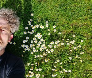 High angle view of man and  flowering plants on field