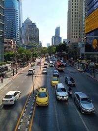 High angle view of traffic on city street and buildings