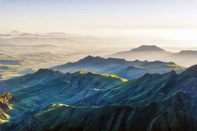 Aerial view of dramatic landscape during sunset