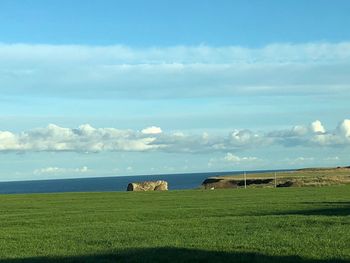 Hay bales on field against sky