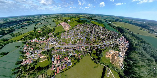 An aerial panoramic view of the village of haughley in suffolk, uk