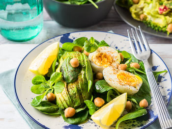 Close-up of breakfast served on table