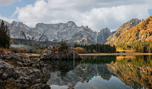 Scenic view of lake and mountains against sky