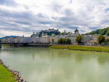 Bridge over river by buildings against sky in city