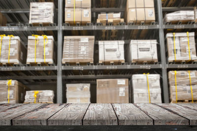 Boxes in shelves at warehouse