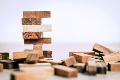 Close-up of stack of wooden table