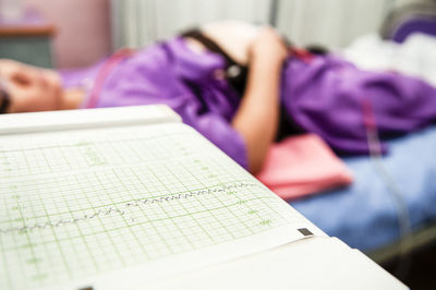 Woman with graph lying down on bed