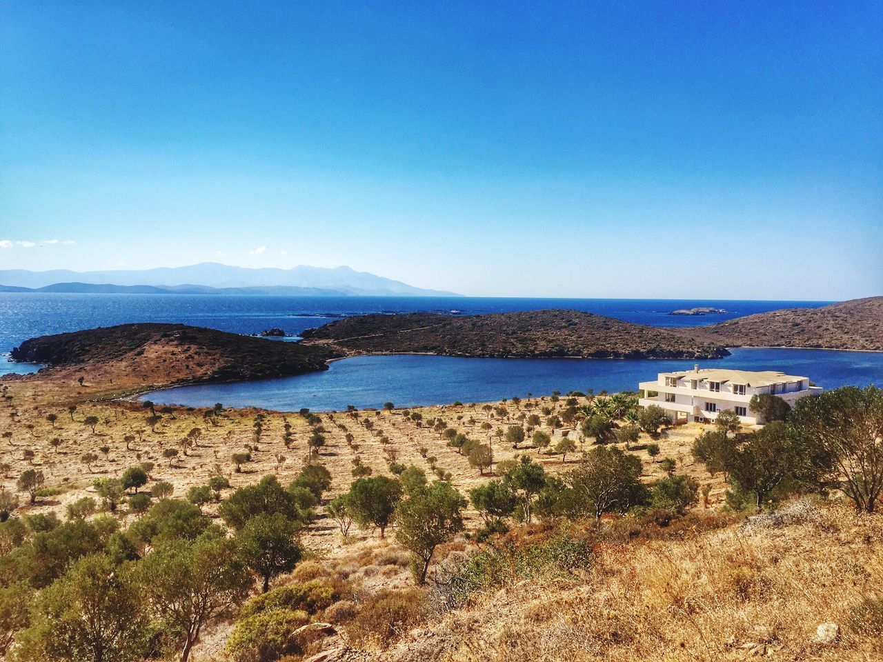 water, tranquil scene, blue, scenics, tranquility, sea, beauty in nature, copy space, mountain, nature, idyllic, non-urban scene, plant, sky, remote, shore, day, calm, coastline, outdoors, no people, mountain range, cloud - sky