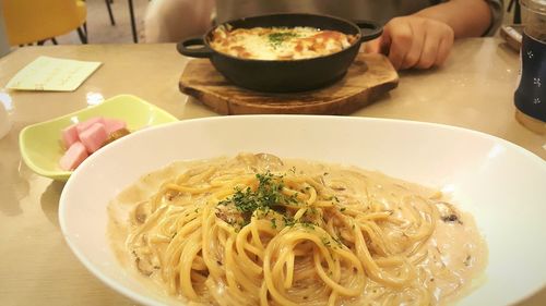 Close-up of food served on table