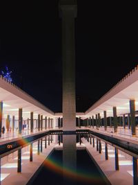 Reflection of illuminated building in water at night