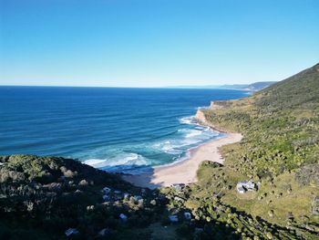 Scenic view of sea against clear blue sky