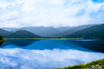 Scenic view of lake and mountains against sky