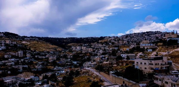 High angle shot of townscape against sky