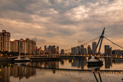 Bridge over river by buildings against sky during sunset
