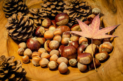 High angle view of dried leaves on wood