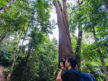 Ecotourism concept, tourist are using camera to take pictures of birds in the tropical forest.