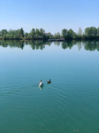 People swimming in lake against sky