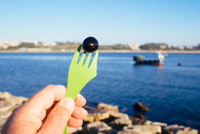 Cropped hand of man holding black olive on fork against lake