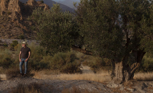 Rear view of woman standing on rock