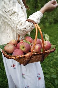 Midsection of man holding apple in basket