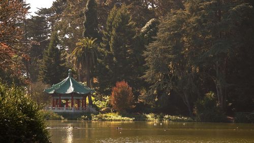 Scenic view of lake by trees against building