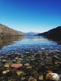 Scenic view of lake against clear blue sky