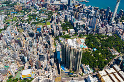 High angle view of modern buildings in city