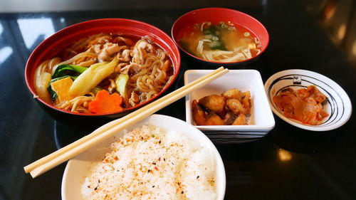 Close-up of food served on table