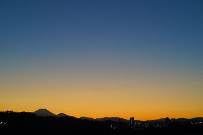 Silhouette landscape against clear sky during sunset