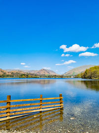 Scenic view of lake against blue sky
