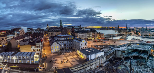 High angle view of buildings in city