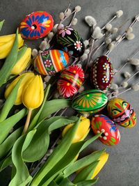 High angle view of multi colored flowers on floor