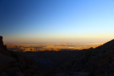 Scenic view of landscape against clear sky during sunset