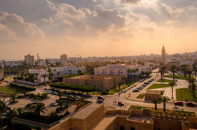 High angle view of monastir townscape by sea