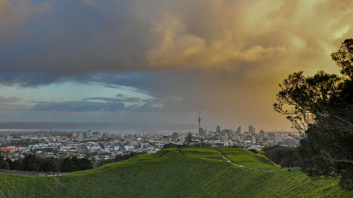 Panoramic view of city buildings against sky