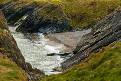 Scenic view of rocky shore by sea