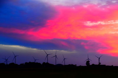 Silhouette of wind turbines at sunset