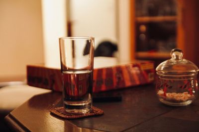 Close-up of beer in glass on table