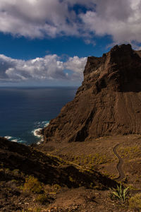 Scenic view of sea and mountains against sky