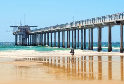 People near pier over sea against clear sky