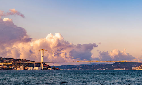 Bridge over sea against sky during sunset