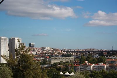 Buildings against cloudy sky