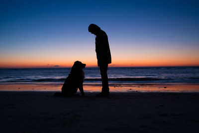 Silhouette man standing by dog at beach against sky during sunset