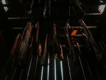 High angle view of meat on barbecue grill