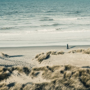 High angle view of people walking on shore at beach