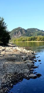 Scenic view of lake against clear blue sky