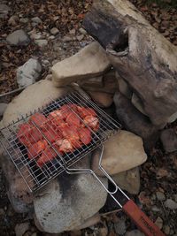 High angle view of meat on barbecue grill