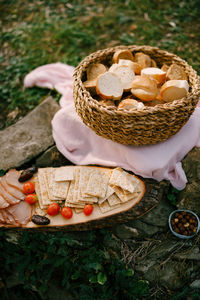 High angle view of cake in basket on table