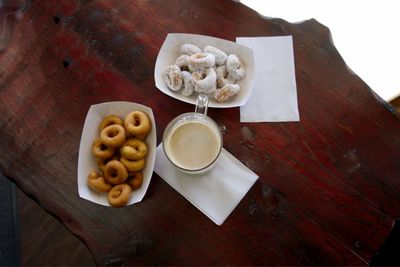 High angle view of breakfast on table