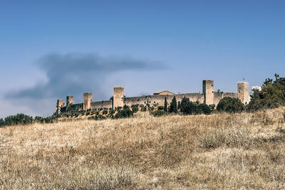 Old ruins of building on field against sky